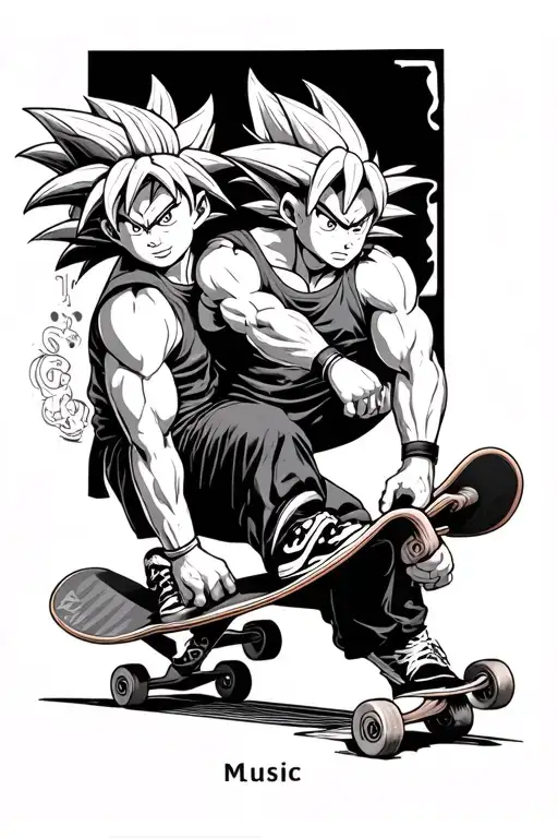 memorial piece for best friend, skateboarding, dragon ball z & west coast music tattoo design idea