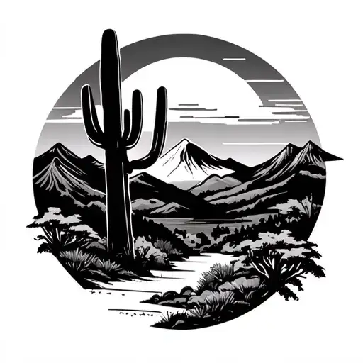 Japanese sunrise with mountains and saguaro cactus in the foreground tattoo design idea