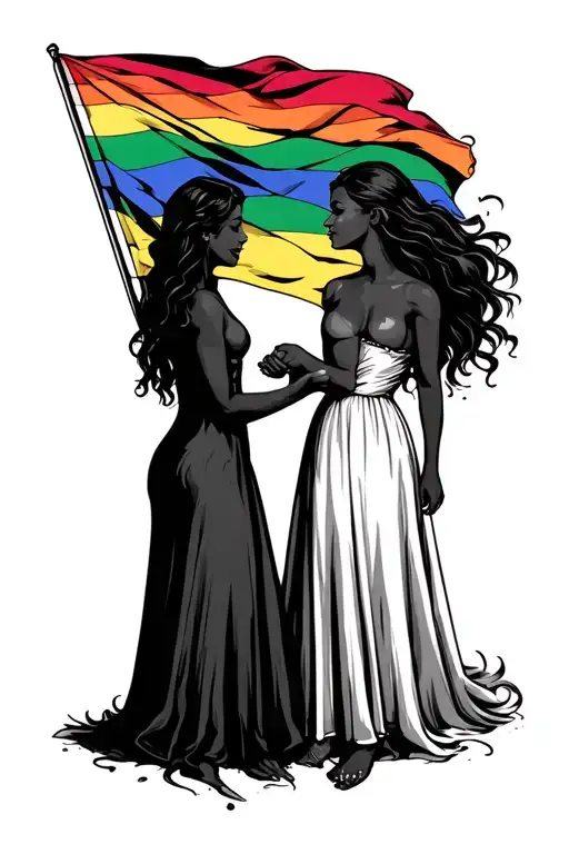 pride flag lesbian couple holding hands tattoo design idea