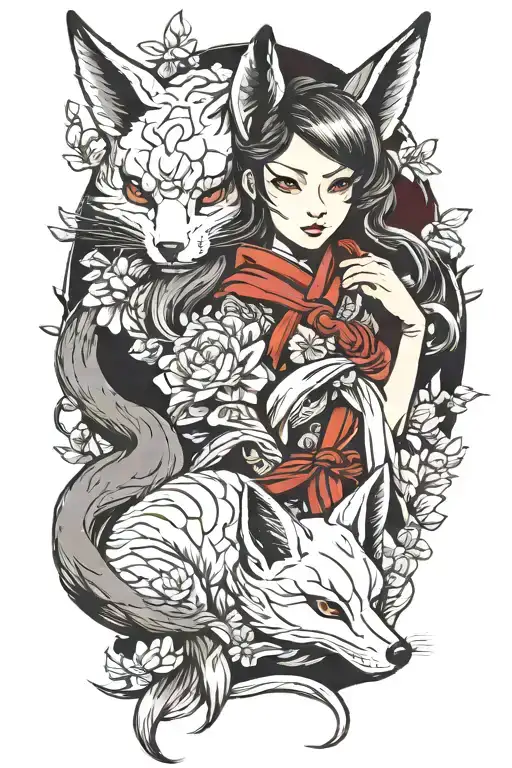 girl with kitsune mask tattoo design idea