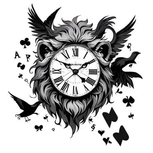 Lion, Clock, bird, Cards tattoo design idea