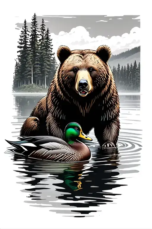 bear and mallard in a Minnesota lake surrounded tattoo design idea