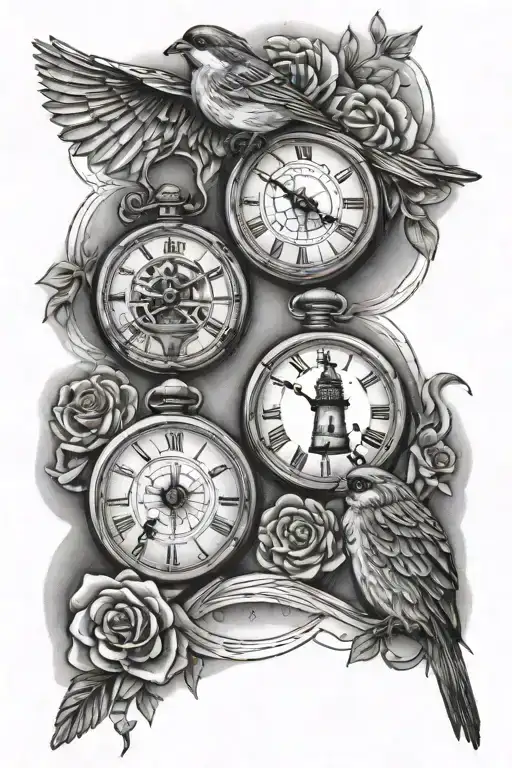 2 pocket watches, a sparrow and a lighthouse in a 3/4 arm sleeve  tattoo design idea