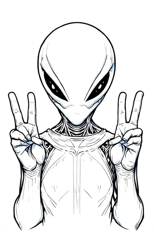 alien holding up peace sign tattoo design idea
