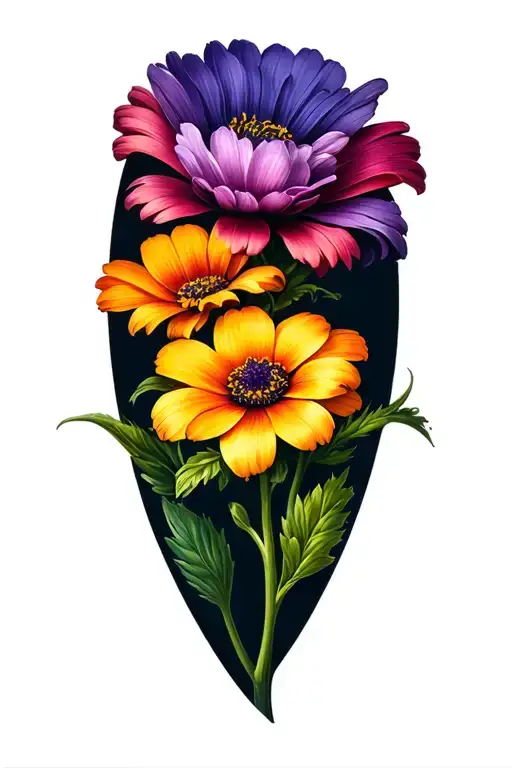 flower with names Luke, Bianca, Hailey, Cianna, Wesley, Caden, Rowan as the petals tattoo design idea