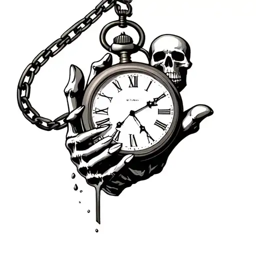 pocket watch with broken chain skeleton hand reaching out of grave background gravyard 3 skulls see no evil speak no evi tattoo design idea