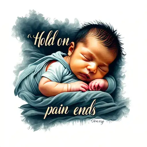 "Hold on pain ends" picture of a baby  tattoo design idea