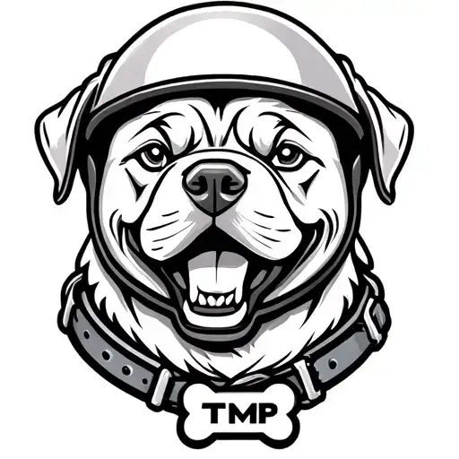 A happy but tough dogs head, wearing a motorcycle helmet. A bone shaped dog collar with the letters TMP on it. oldschool tattoo design idea