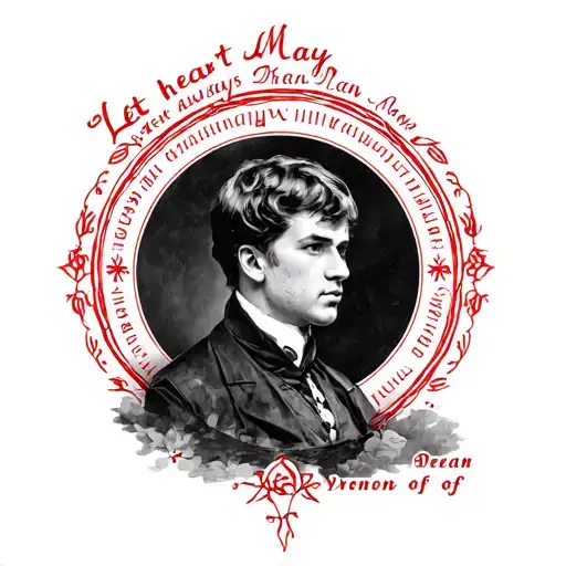 Portrait of the poet Sergei Yesenin with the inscription in a circle in red "let the heart always dream of May" tattoo design idea