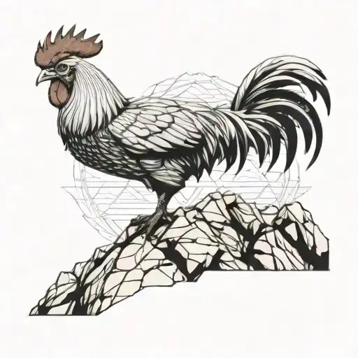 cockerel standing on a rock, with thin lines, realistic,  tattoo design idea