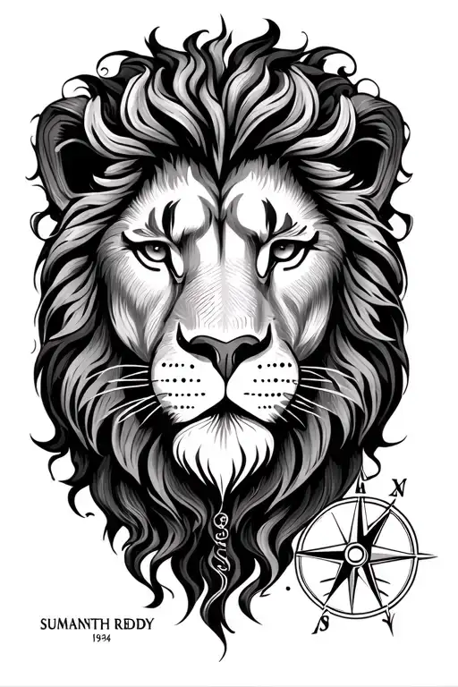 lion head and compass with my name SUMANTH REDDY and date of bith 1 of june 1994 tattoo design idea