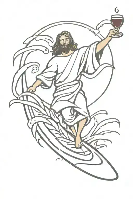 Jesus Christ on a surfboard floats on the waves with a glass of wine in his right hand tattoo design idea