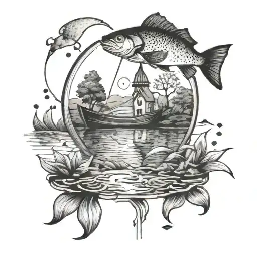 A dotwork tattoo design of a serene fishing scene with a cross floating above the water, representing the client's love for fishing and faith tattoo design idea