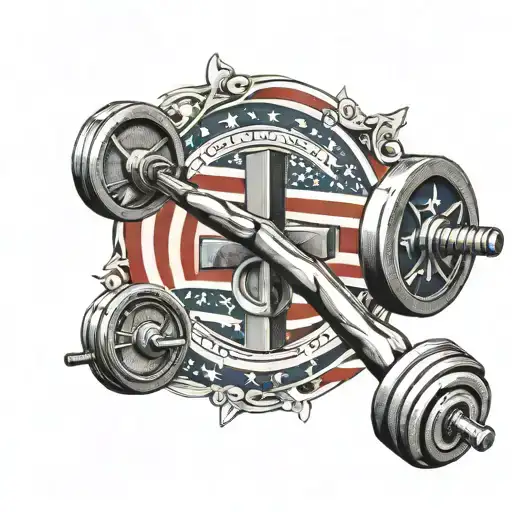 An intricate design of a barbell intertwined with the American flag and a cross, symbolizing dedication to working out and faith tattoo design idea