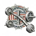 An intricate design of a barbell intertwined with the American flag and a cross, symbolizing dedication to working out and faith tattoo design idea
