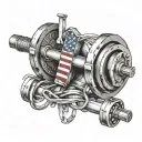 An intricate design of a barbell intertwined with the American flag and a cross, symbolizing dedication to working out and faith tattoo design idea
