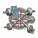 An intricate design of a barbell intertwined with the American flag and a cross, symbolizing dedication to working out and faith tattoo design idea