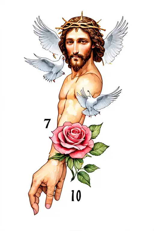 on the forearm a jesus with crown of thorns put a rose down below towards the wrist put the numbers 7 and 10 add doves tattoo design idea