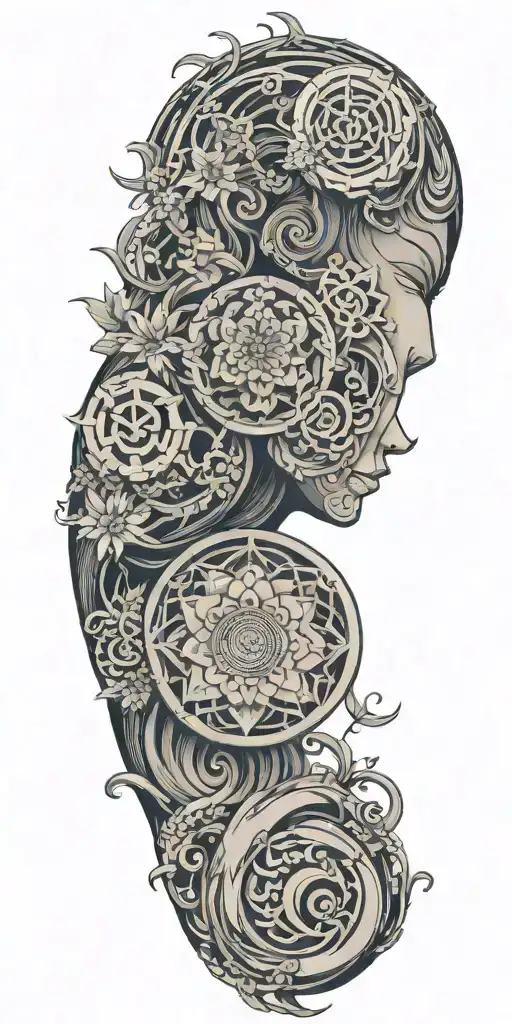 Blend Buddhist mandalas, fine-line wood grain, anime elements, and subtle gaming symbols into a cohesive, flowing design tattoo design idea