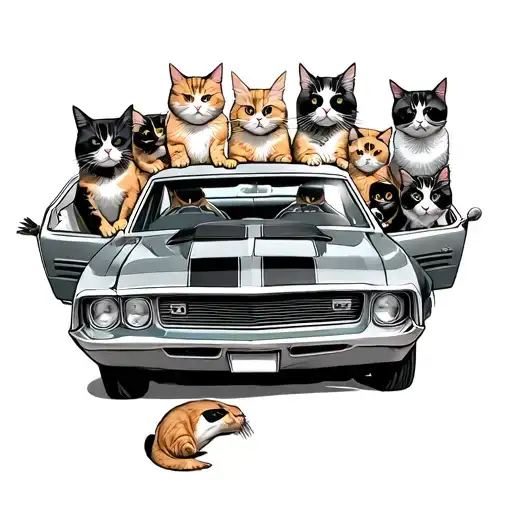 a car full of cats driving/hanging out the window. have the card be an old muscle car, one cat have an eye patch.  tattoo design idea
