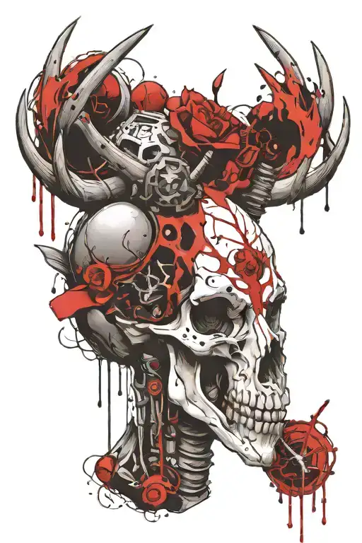 A hunting themed tattoo of a deer skull adorned with futuristic cybernetic implants, representing the balance between life and death tattoo design idea