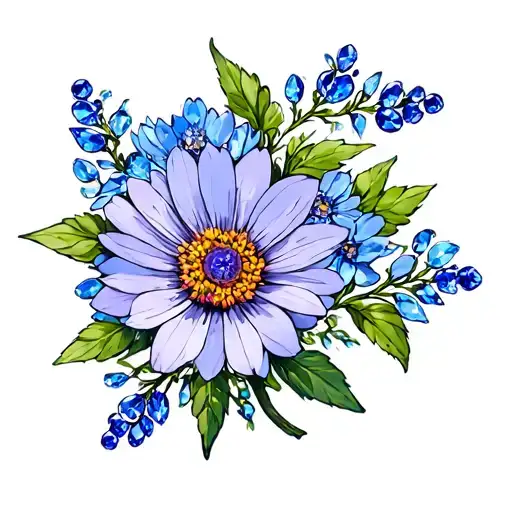 "Ellis" sapphire and aster flower tattoo design idea