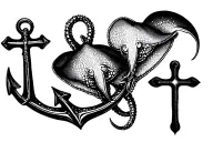 stingrays with anchor intertwined with cross incorporated tattoo design idea