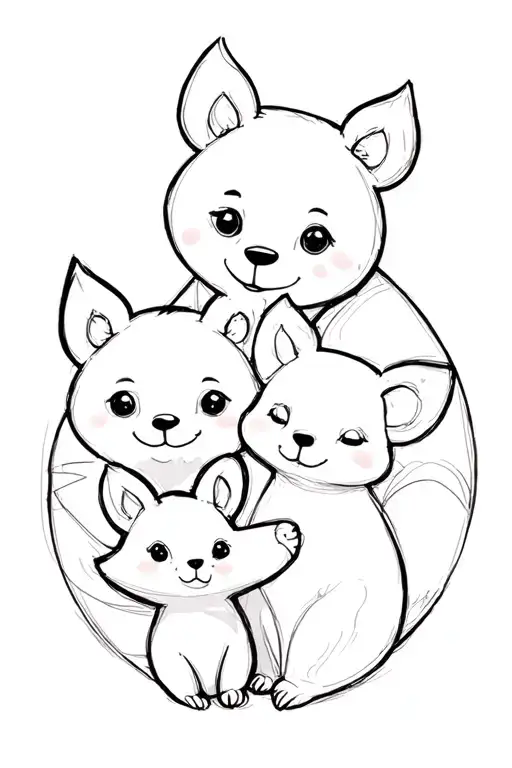 Reh, bear, croissant, fox and mouse as a family portrait tattoo design idea
