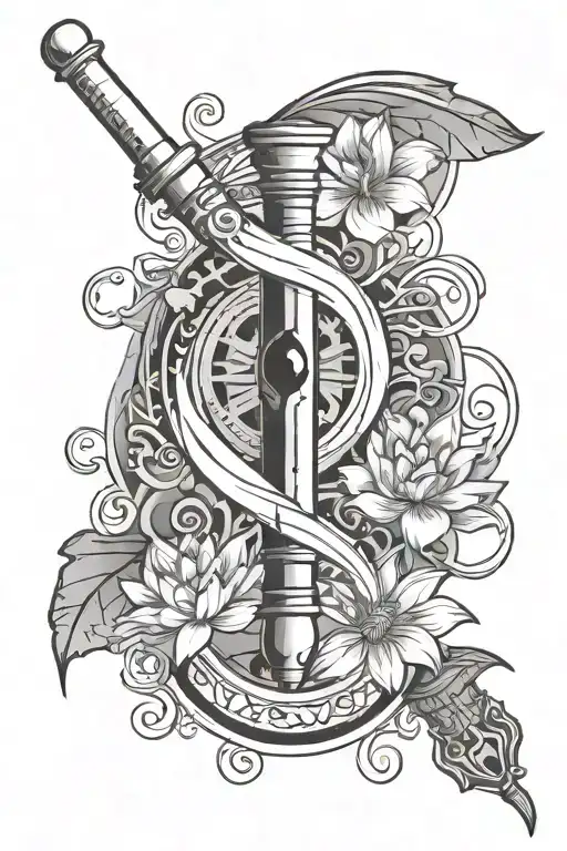 recovery ribbon wrapped around syringe incorporated with NA logo , lotus flower, yin and yang, and semi colon symbols tattoo design idea