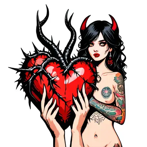 black thorny heart being held by a blonde with horns and a beautiful girl with black hair no horns with tattoos tattoo design idea