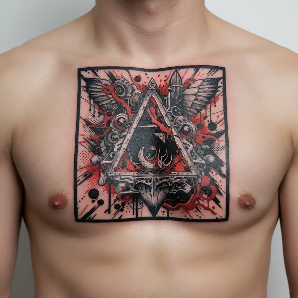 Blood Red and Black melting and bleeding beating heart. All seeing eye, crystals and gemstones. Voids. tattoo design idea