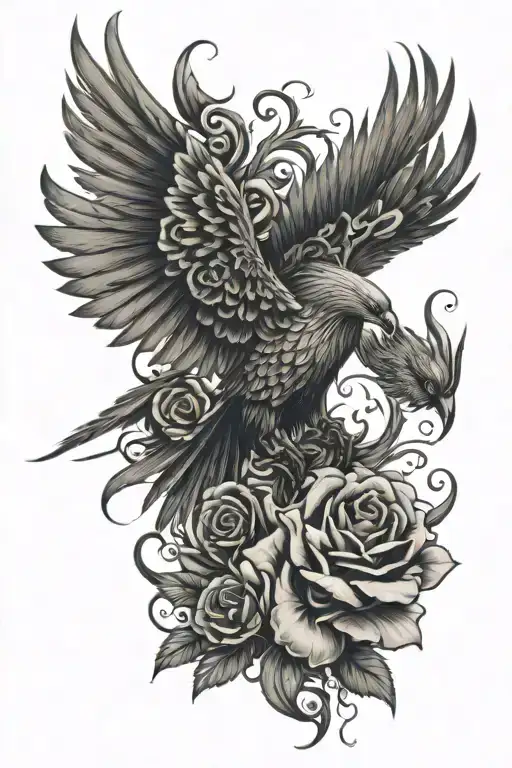 big phoenix bird with roses and butterflies intertwined tattoo design idea