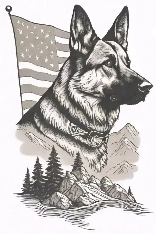 A portrait german shepherd on a mountain peak American flag waving say "diabetes" tattoo design idea