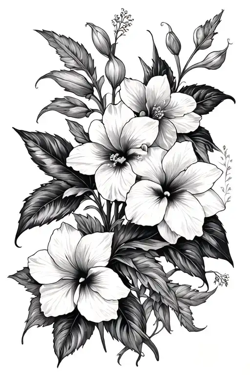 daffodils and hibiscus flower large black leaves tattoo design idea