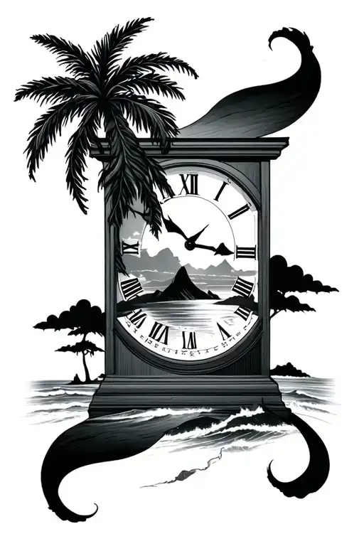 sleeve tattoo with curacao but the land crossing between and clock at time 10:55 with palm tree at the bottom and ocean tattoo design idea