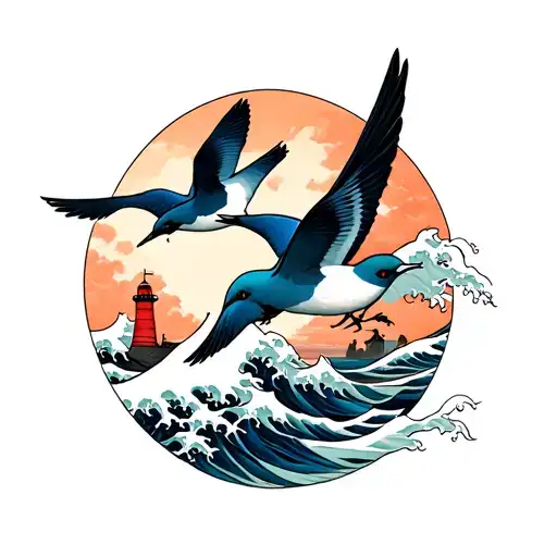 swallows, lighthouse, Japanese waves flowing tattoo design idea