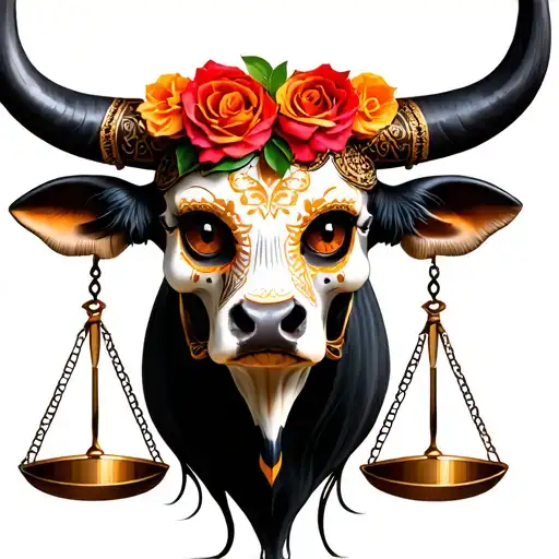 feminine bull with sugar skull markings, brown eyes and two Libra scales and dark background tattoo design idea