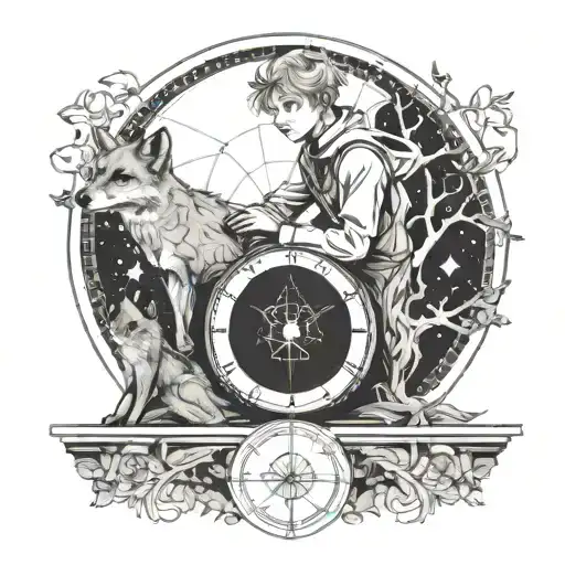 the little prince with a fox, sitting on a clock like planet, in the background a transhumanist tree of life tattoo design idea