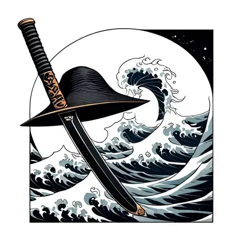 Japanese waves and katana with japanese hat tattoo design idea