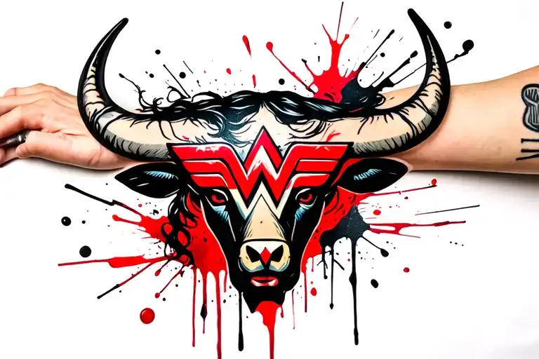 a black tattoo on the forearm referring to the zodiac sign of the bull with the symbol of Wonder Woman from DC Comics in tattoo design idea