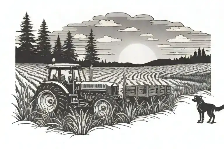 back and white sunset with tractor and dog sitting infront  tattoo design idea