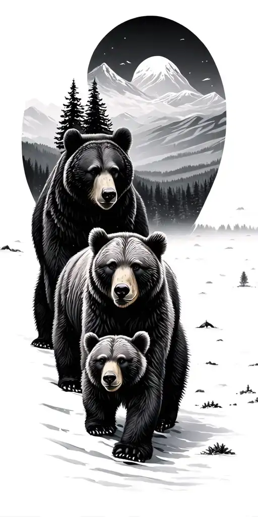 landscape with bear and cubs walking tattoo design idea