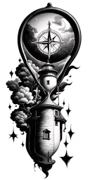 hour glass, compass, lighthouse tattoo design idea