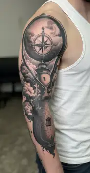 hour glass, compass, lighthouse tattoo design idea