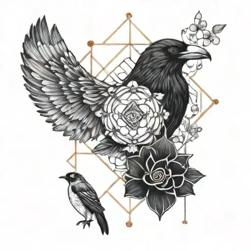 black and white wrist tattoo, symmetric with forgetmenot flowers, raven and Libra scale  tattoo design idea