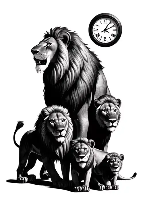 A family of three lions with the big bad lion who protects his family as well as a clock which indicates 3:45 pm. tattoo design idea
