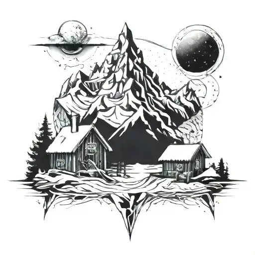 an old ice village with dark energy and big mountains  tattoo design idea
