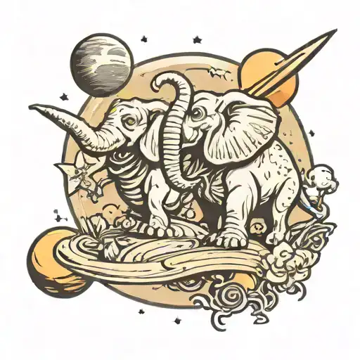 elefant and dino on a planet saturn tattoo design idea