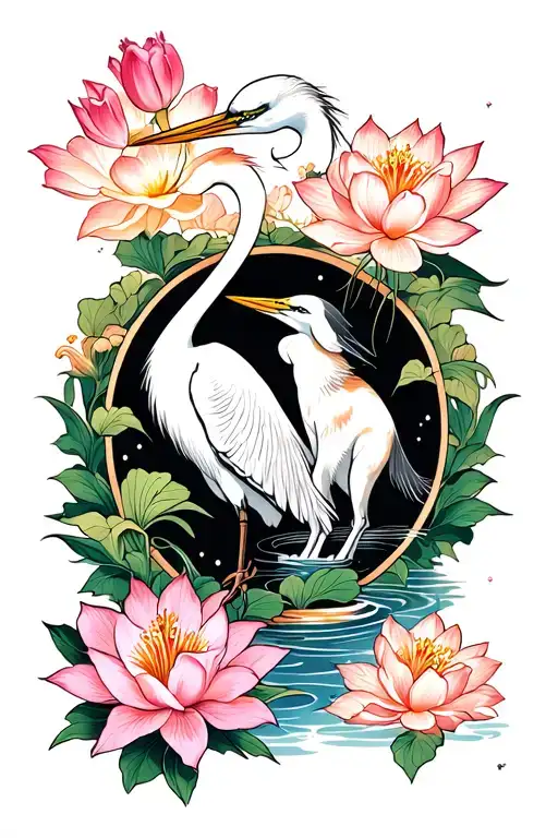 Egret and dog surrounded by lotus, tulip and hibiscus tattoo design idea