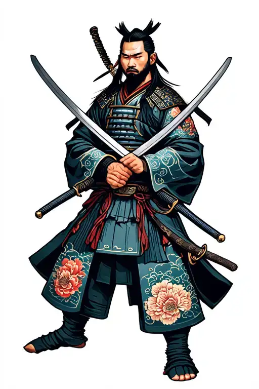 samurai warrior holding 2 swords crossed tattoo design idea